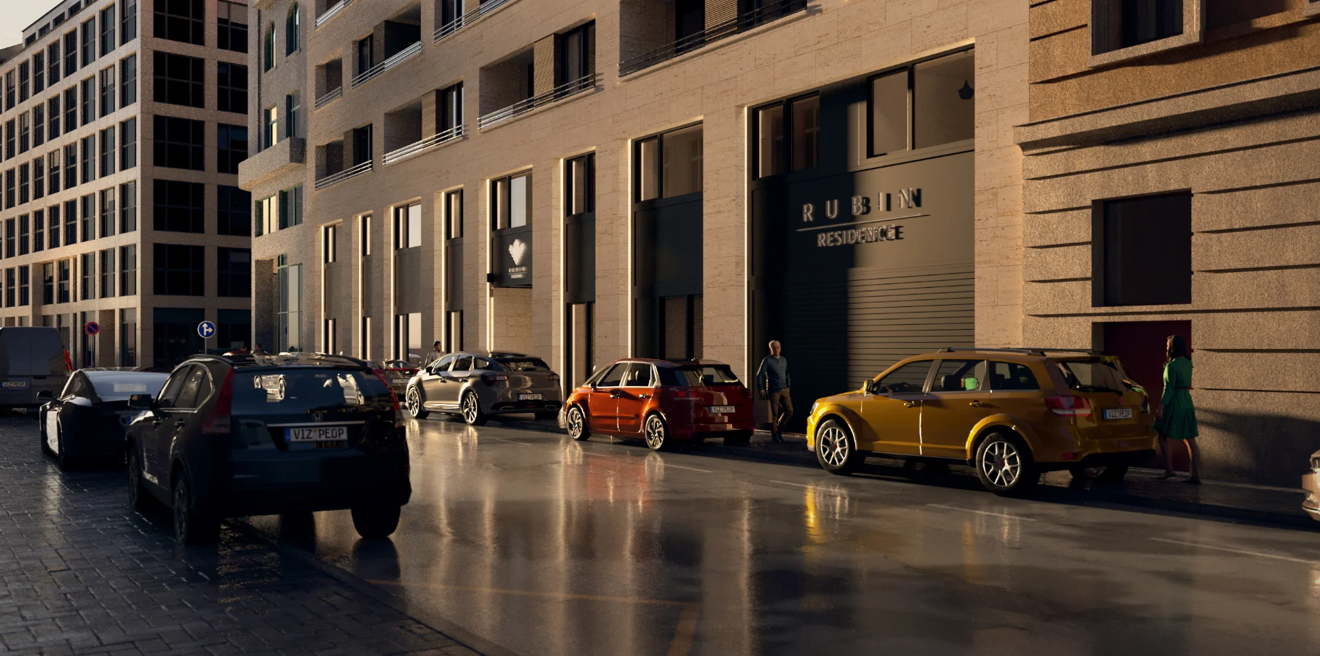 A Rubin Residence utcafronti bejárata kőburkolatú homlokzattal, magas földszinti ablakokkal, parkoló autókkal és esti fényekkel egy eső utáni városi utcában