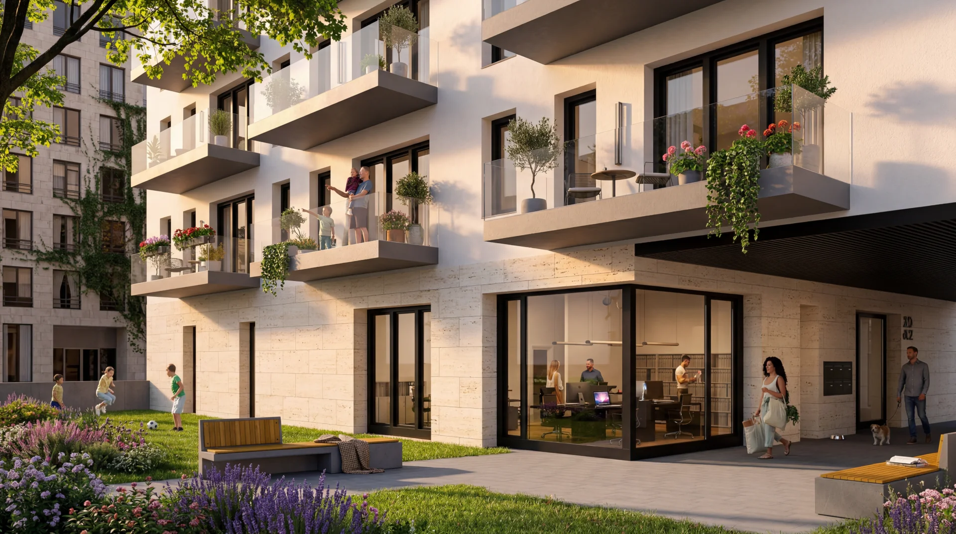 Modern társasház belső udvari homlokzata tágas erkélyekkel, növényekkel díszített teraszokkal, parkosított zöldfelületekkel és a kültéri tereket használó lakókkal