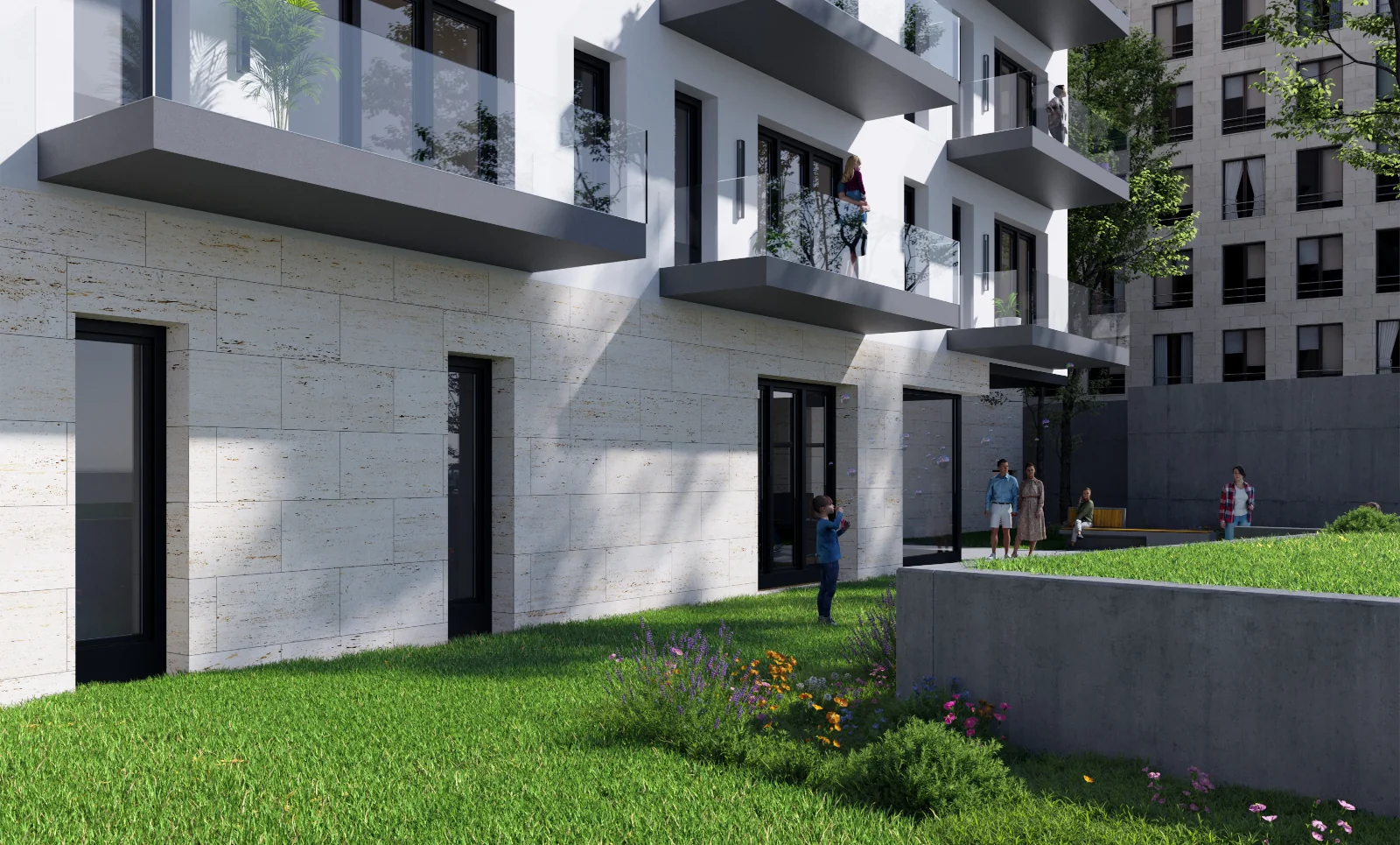 Modern társasház belső udvari homlokzata földszinti kertkapcsolatokkal, üvegkorlátos erkélyekkel, parkosított zöldfelületekkel és a közös kültéri teret használó lakókkal