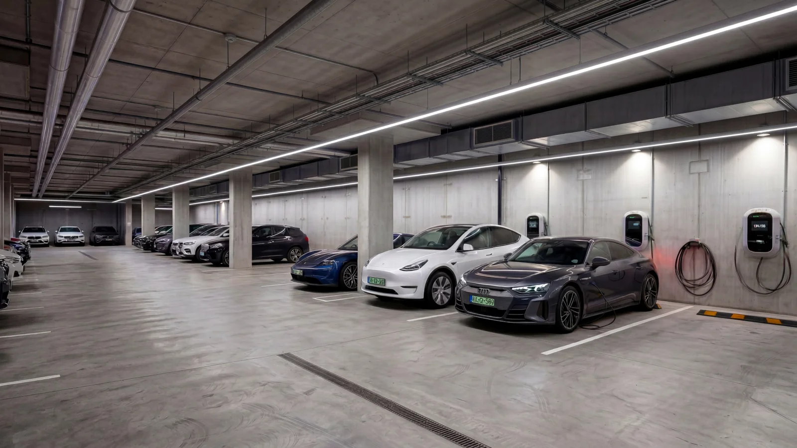 Mélygarázs kijelölt parkolóhelyekkel, korszerű világítással és elektromosautó-töltőállomásokkal